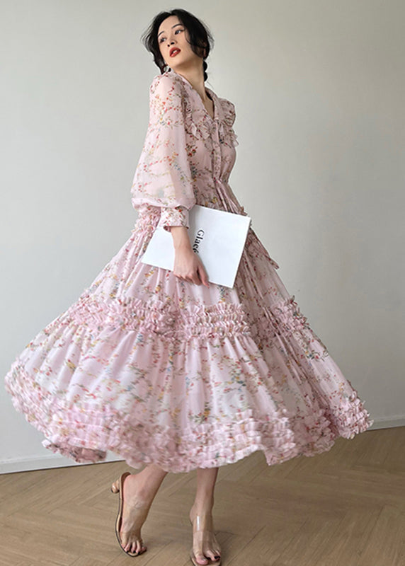 Plus Size Pink Peter Pan Collar Print Chiffon Dresses Long Sleeve - View 3