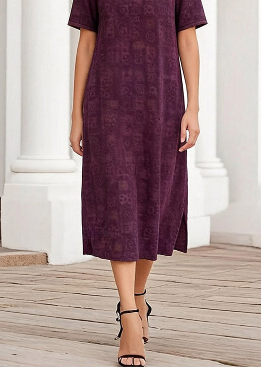 Geometric Print Split Neck Short Sleeve Side Slit Shift Midi Dress