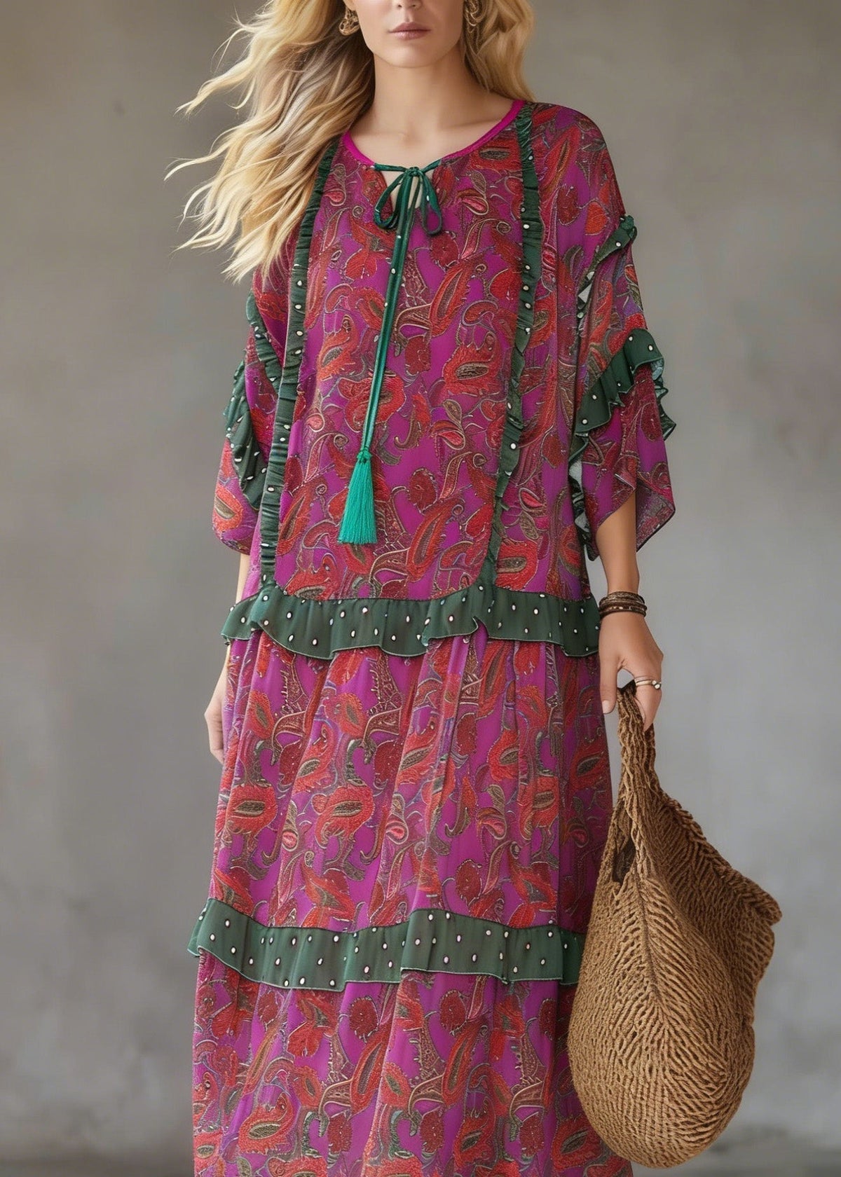 Paisley Print Tie Neck Tassel Ruffle Trim Tiered Loose Midi Dress 2