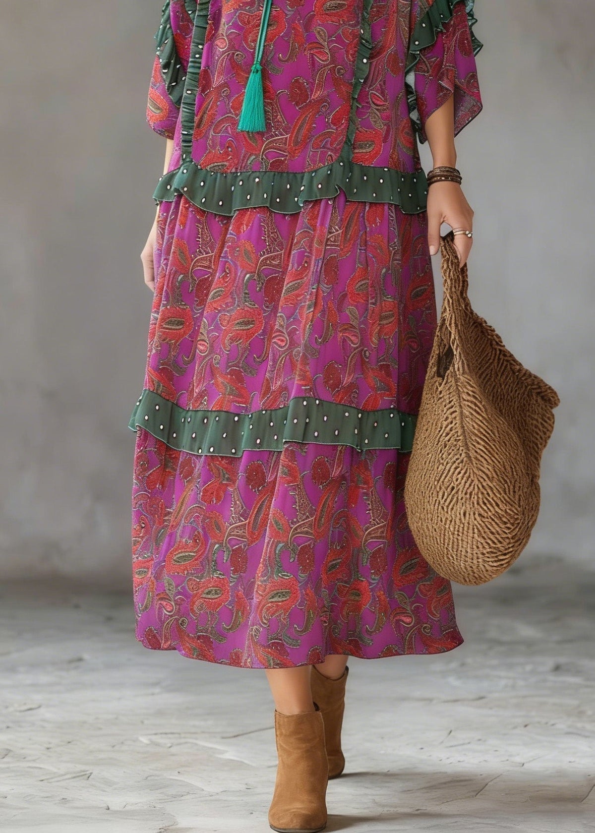 Paisley Print Tie Neck Tassel Ruffle Trim Tiered Loose Midi Dress 4
