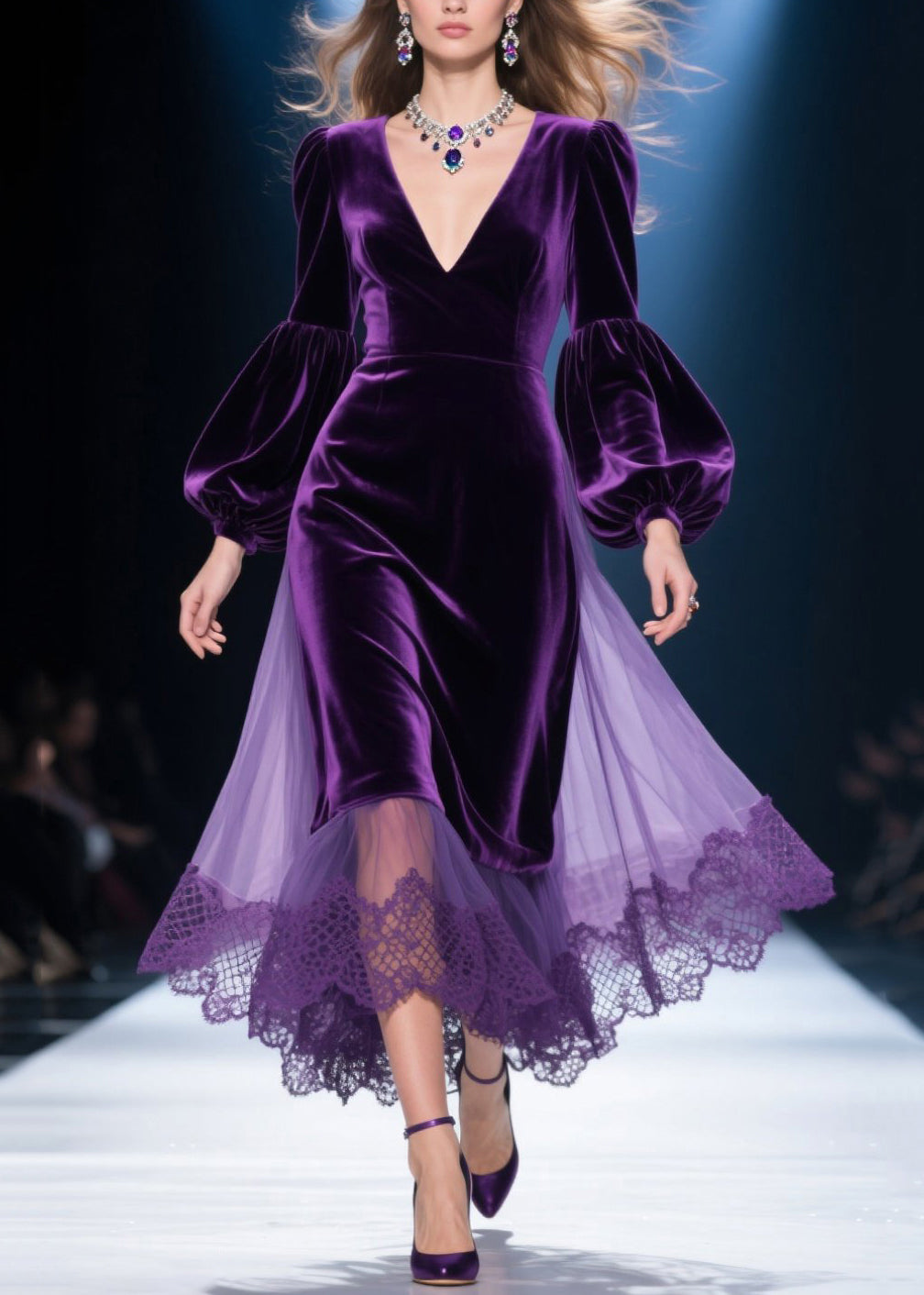 Velvet Tulle Lace Overlay Balloon Sleeve Deep V-Neck Midi Dress