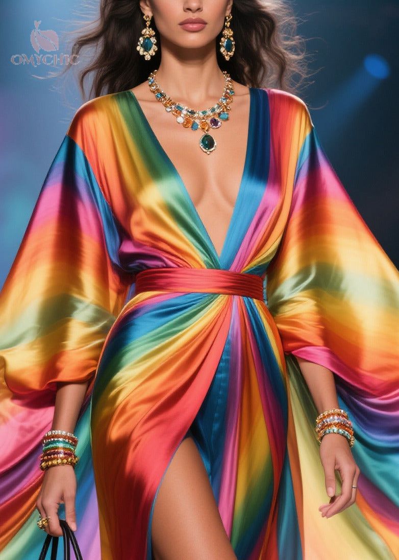Deep V-Neck Satin Kimono Sleeve High Split Kaftan Maxi Dress