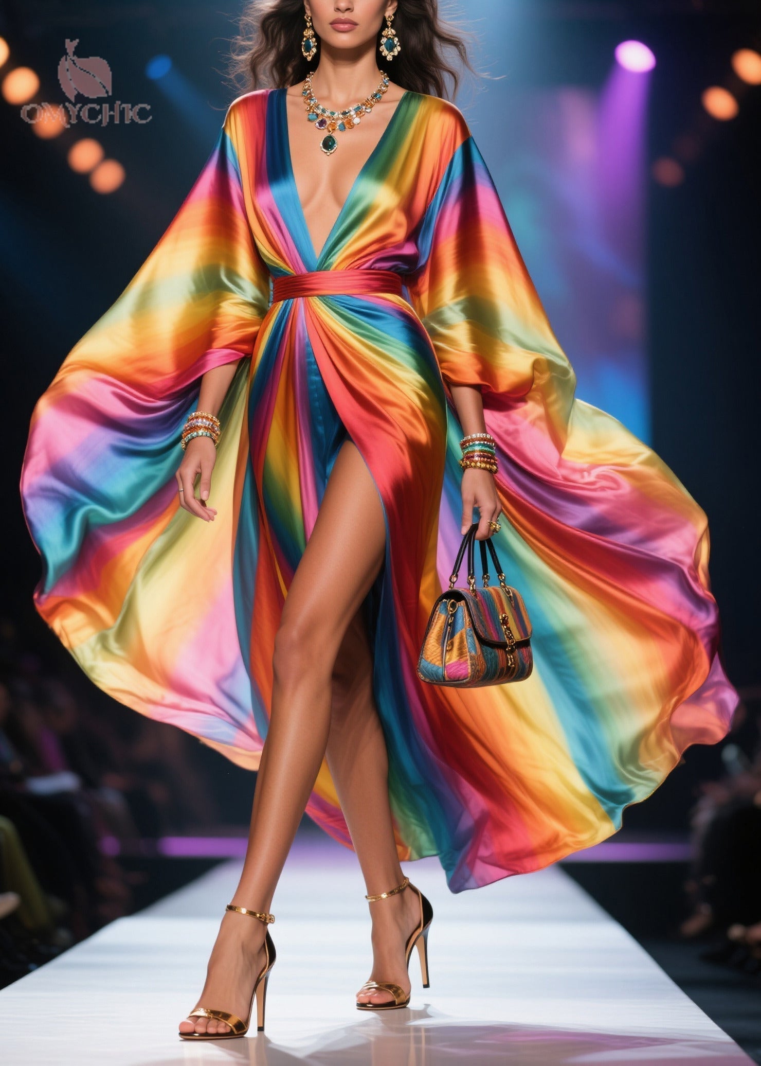 Deep V-Neck Satin Kimono Sleeve High Split Kaftan Maxi Dress