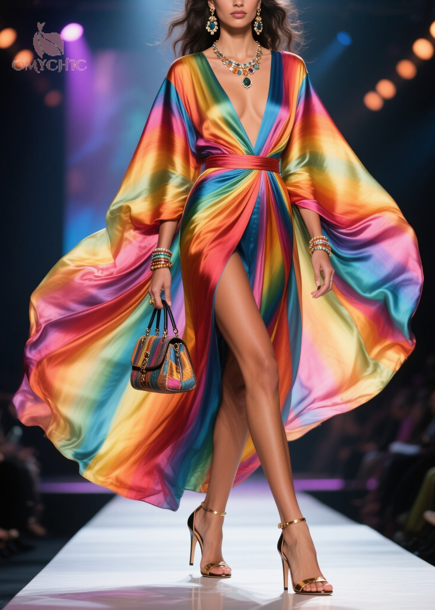 Deep V-Neck Satin Kimono Sleeve High Split Kaftan Maxi Dress