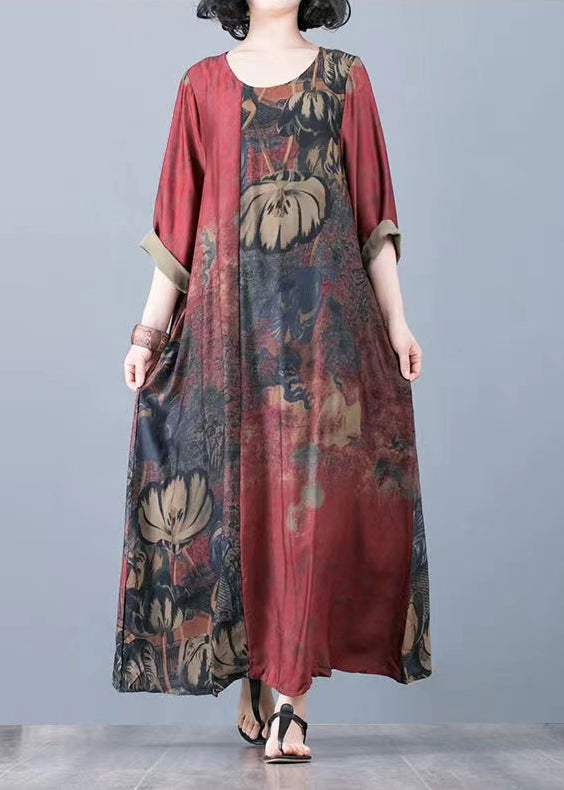Round Neck Three Quarter Sleeve Abstract Floral A-Line Maxi Dress