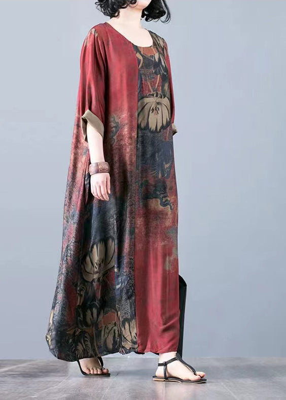 Round Neck Three Quarter Sleeve Abstract Floral Print A-Line Maxi Dress