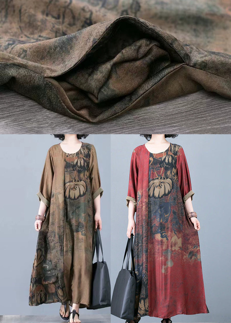 Round Neck Three Quarter Sleeve Abstract Floral Print A-Line Maxi Dress