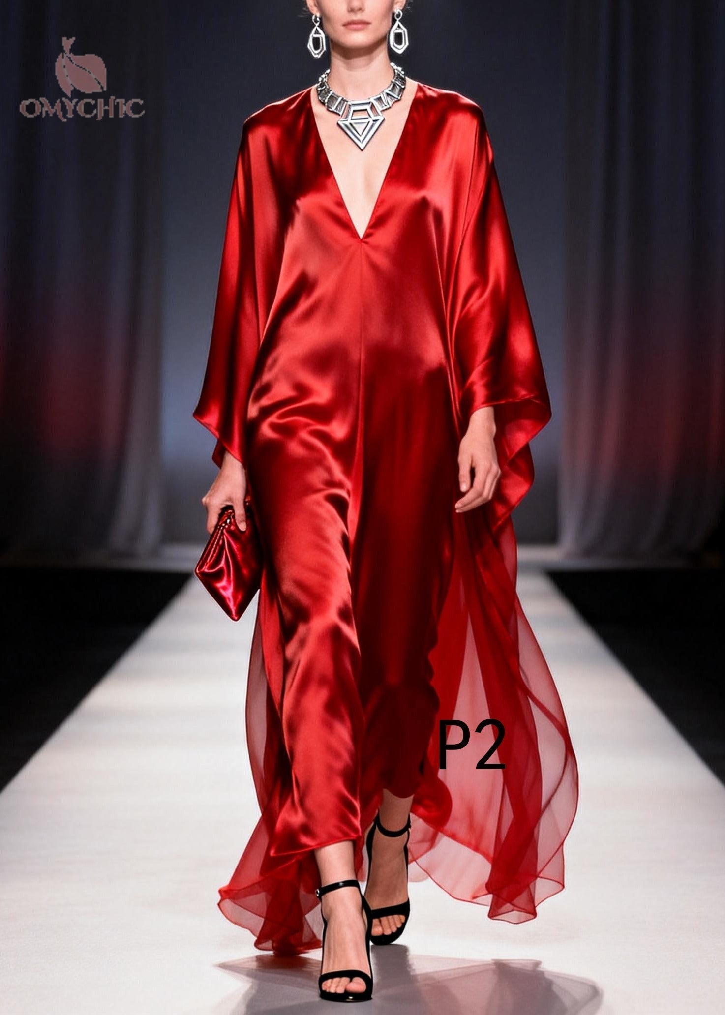 Deep V-Neck Kimono Sleeve Satin Chiffon Cape Overlay Maxi Jumpsuit