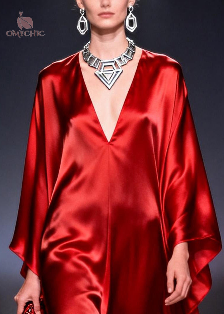 Deep V-Neck Kimono Sleeve Satin Chiffon Cape Overlay Maxi Jumpsuit