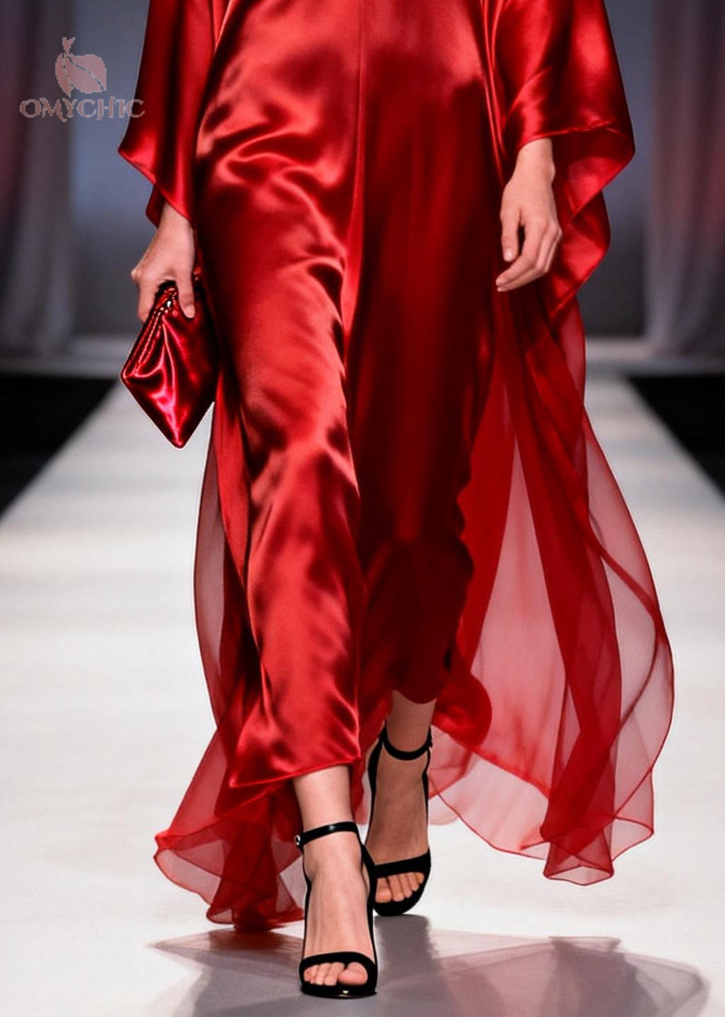 Deep V-Neck Kimono Sleeve Satin Chiffon Cape Overlay Maxi Jumpsuit