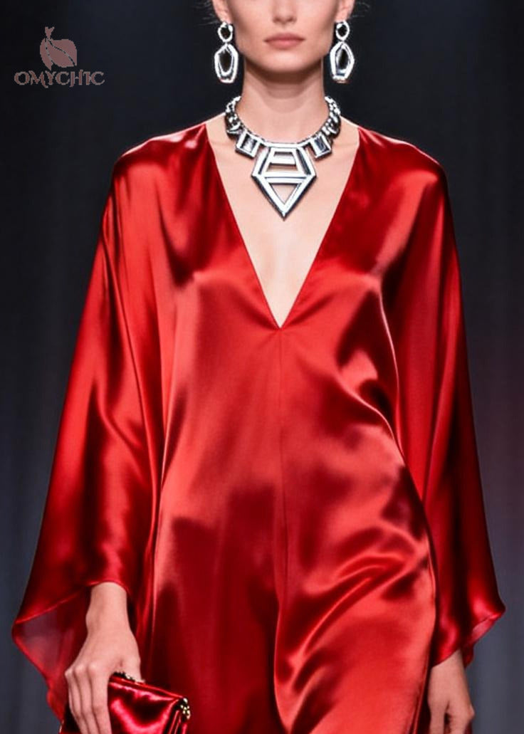 Deep V-Neck Kimono Sleeve Satin Chiffon Cape Overlay Maxi Jumpsuit