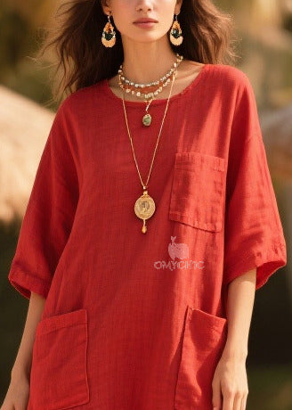 Mesh Panel Crew Neck Half Sleeve Triple Patch Pocket Oversized Maxi Dress