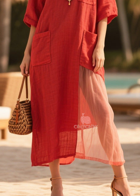 Mesh Panel Crew Neck Half Sleeve Triple Patch Pocket Oversized Maxi Dress