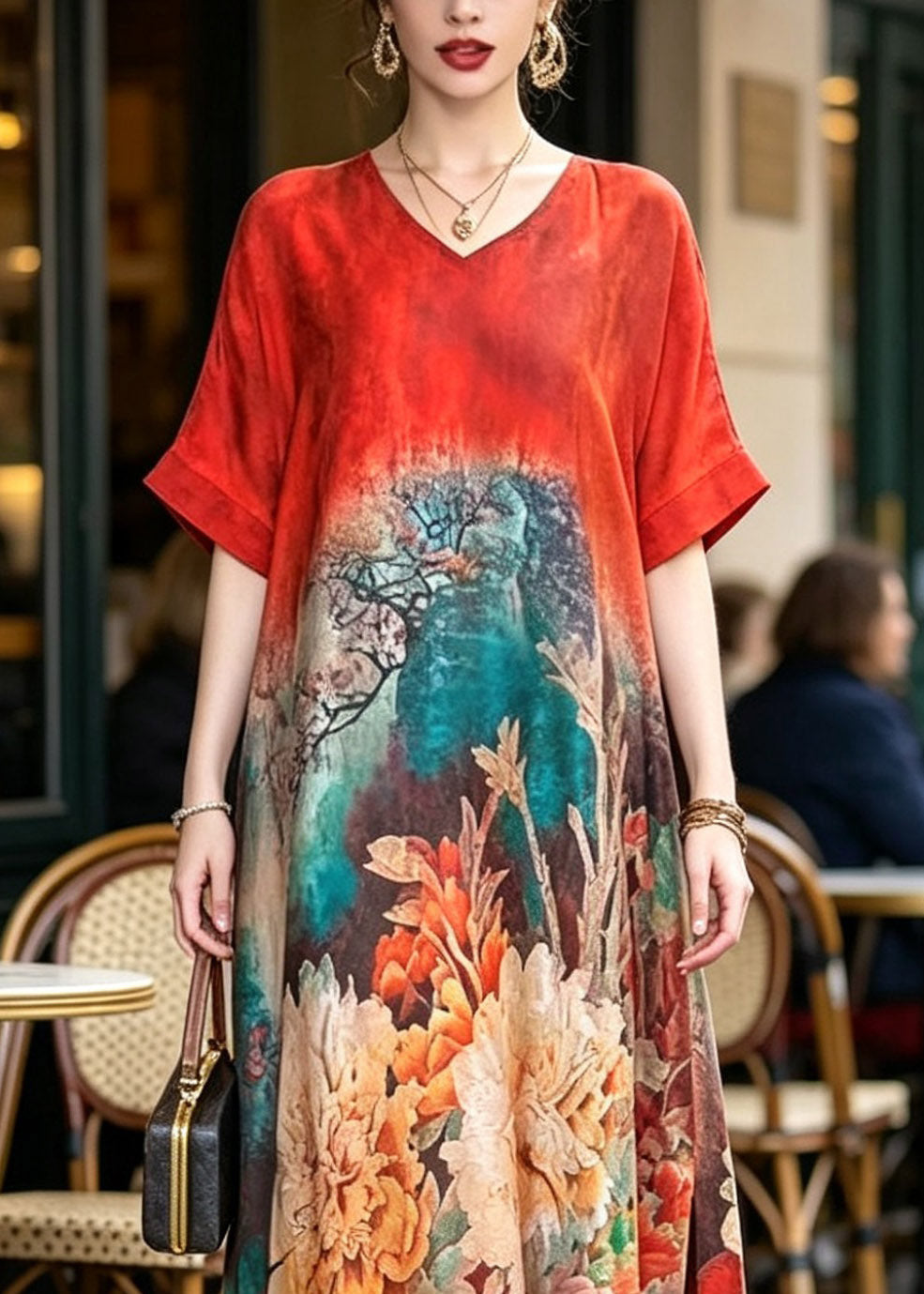 Floral Print V-Neck Short Sleeve Side Slit Relaxed Fit Midi Dress