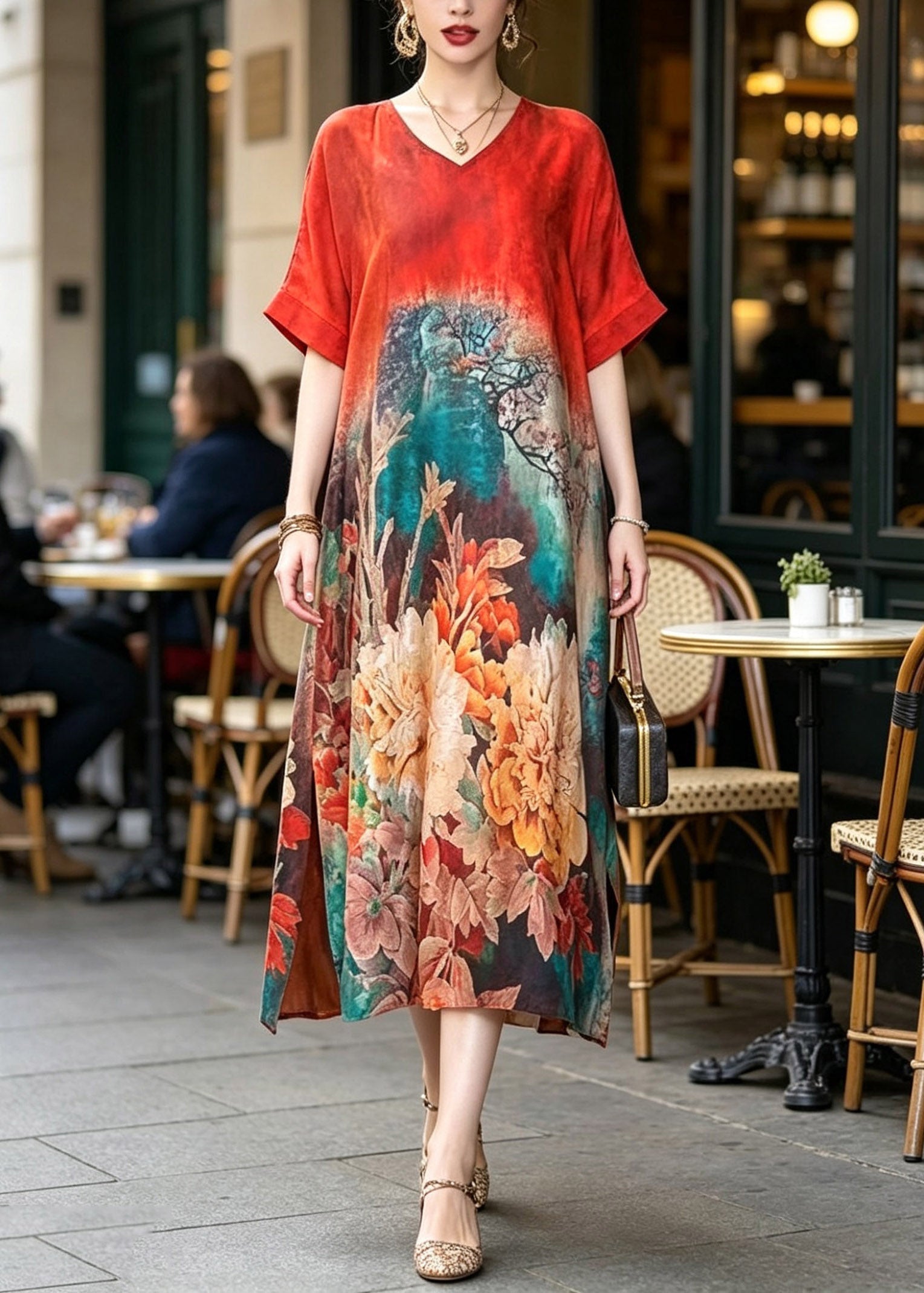 Floral Print V-Neck Short Sleeve Side Slit Relaxed Fit Midi Dress