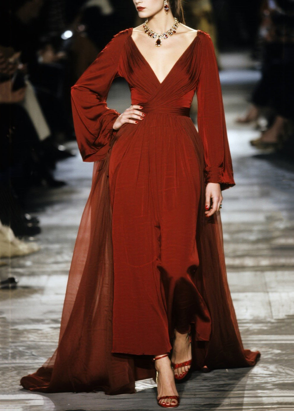 Chiffon Deep V-Neck Ruched Wrap Bishop Sleeve High Split Maxi Gown