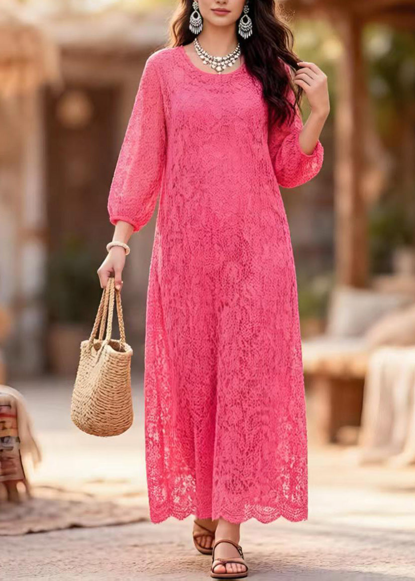 Lace Crew Neck Three Quarter Sleeve Scalloped Hem Maxi Dress