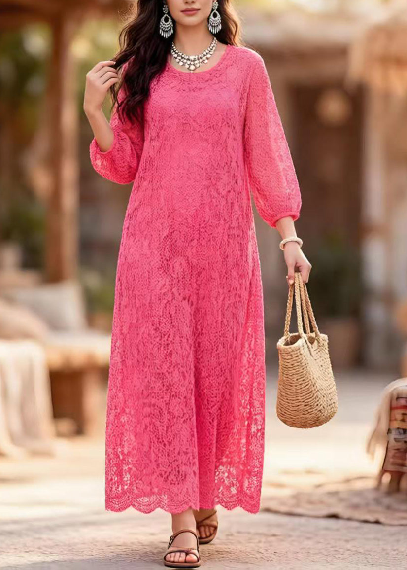 Lace Crew Neck Three Quarter Sleeve Scalloped Hem Maxi Dress