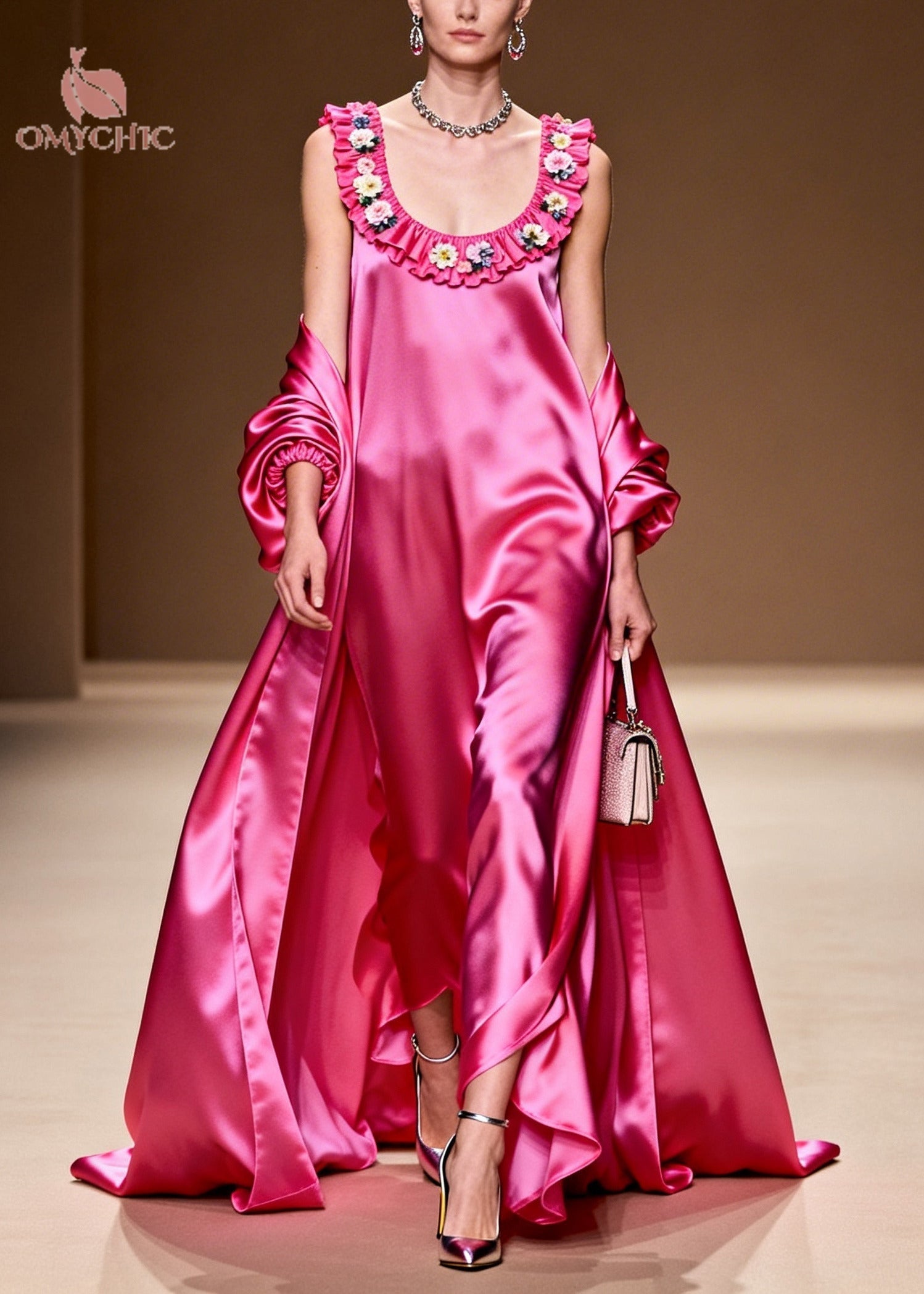Satin Ruffle Neck Floral Applique Gown and Open Coat Two Piece Set