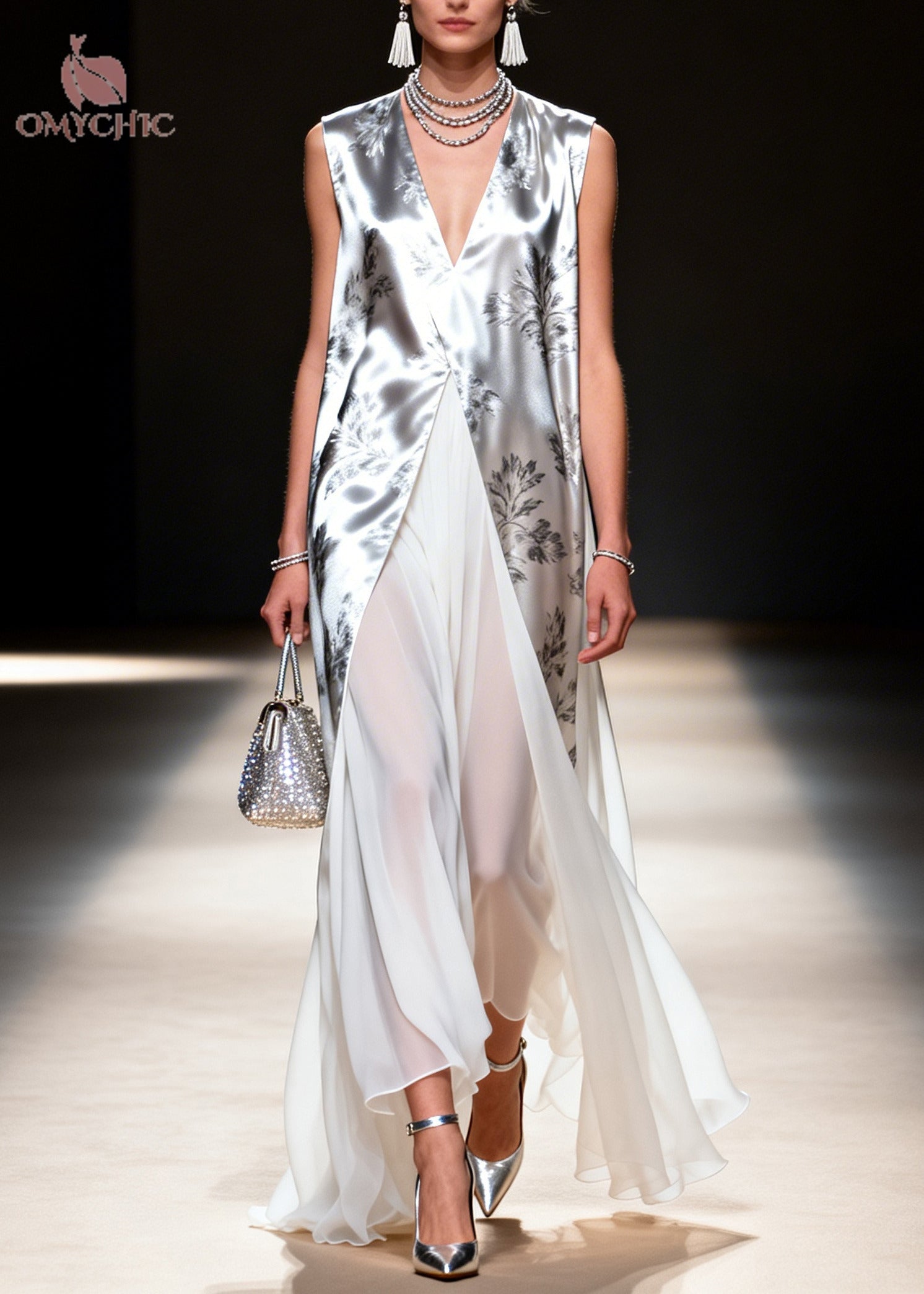 Floral Print Metallic Deep V-Neck Sleeveless High Split Faux Two Piece Chiffon Maxi Gown