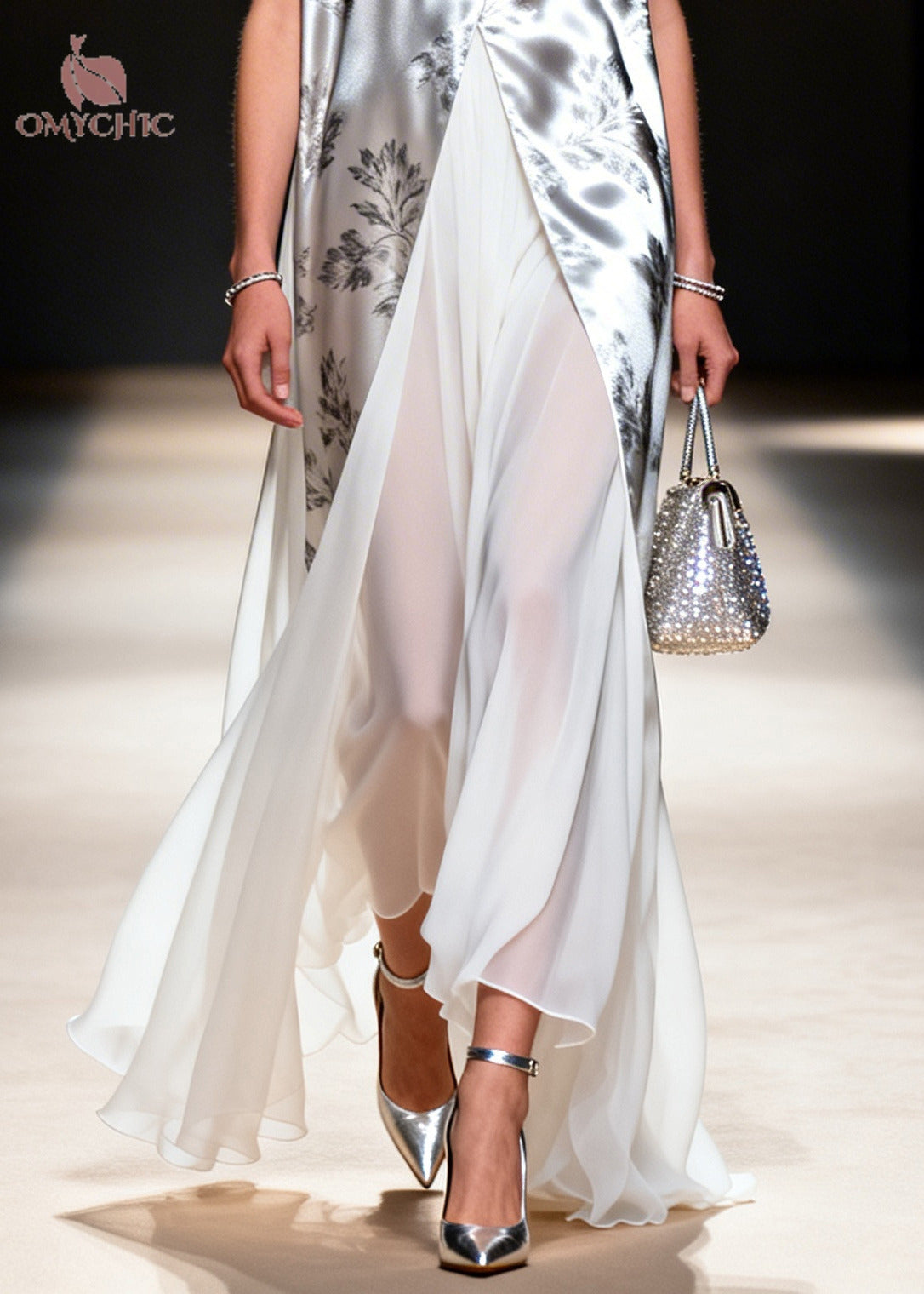 Floral Print Metallic Deep V-Neck Sleeveless High Split Faux Two Piece Chiffon Maxi Gown