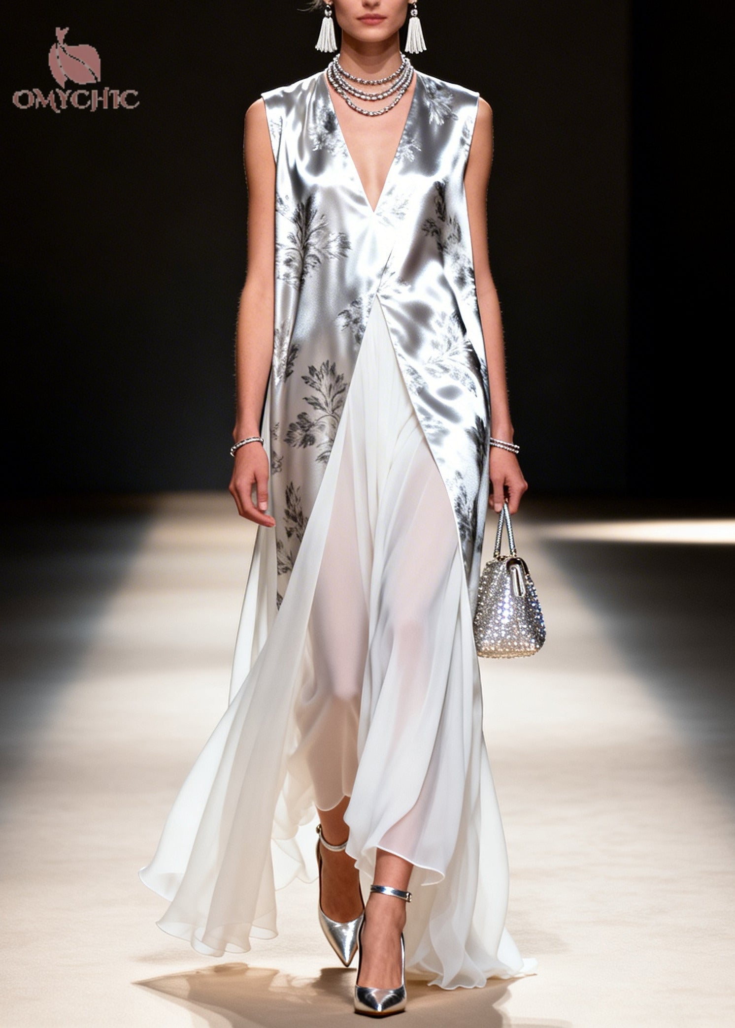 Floral Print Metallic Deep V-Neck Sleeveless High Split Faux Two Piece Chiffon Maxi Gown