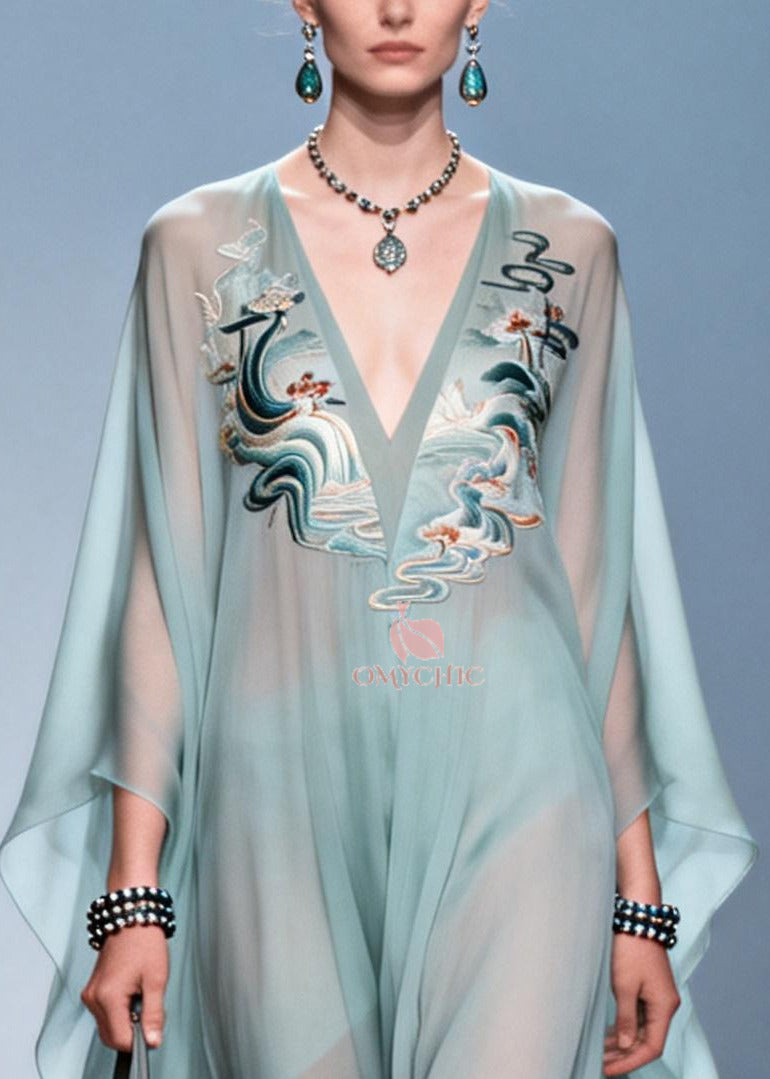 Plus Size Sky Blue Print Draping Chiffon Maxi Dress Batwing Sleeve 2