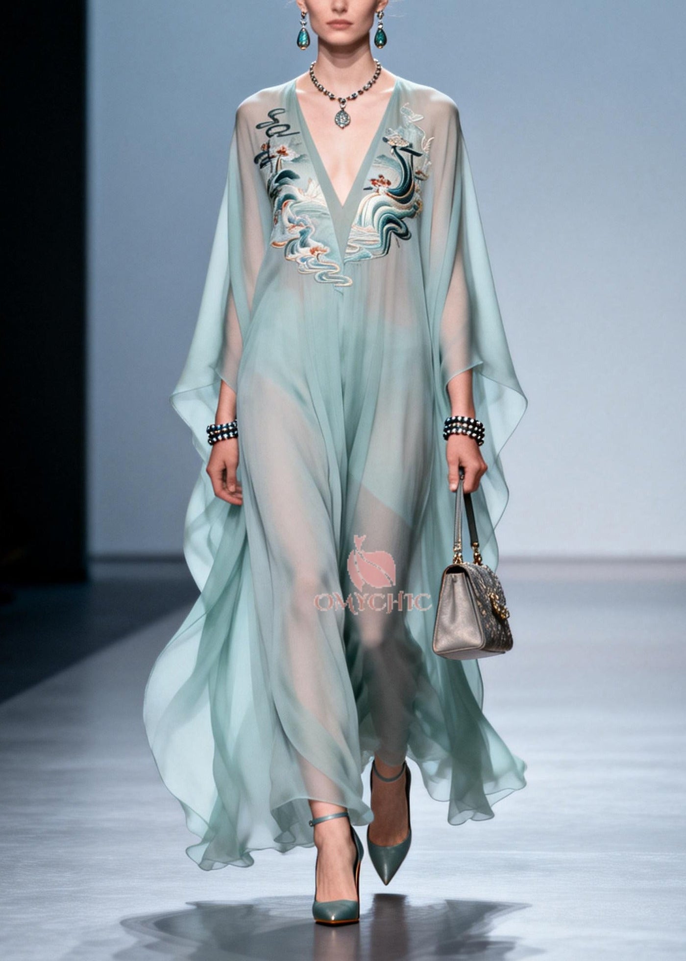 Plus Size Sky Blue Print Draping Chiffon Maxi Dress Batwing Sleeve 3