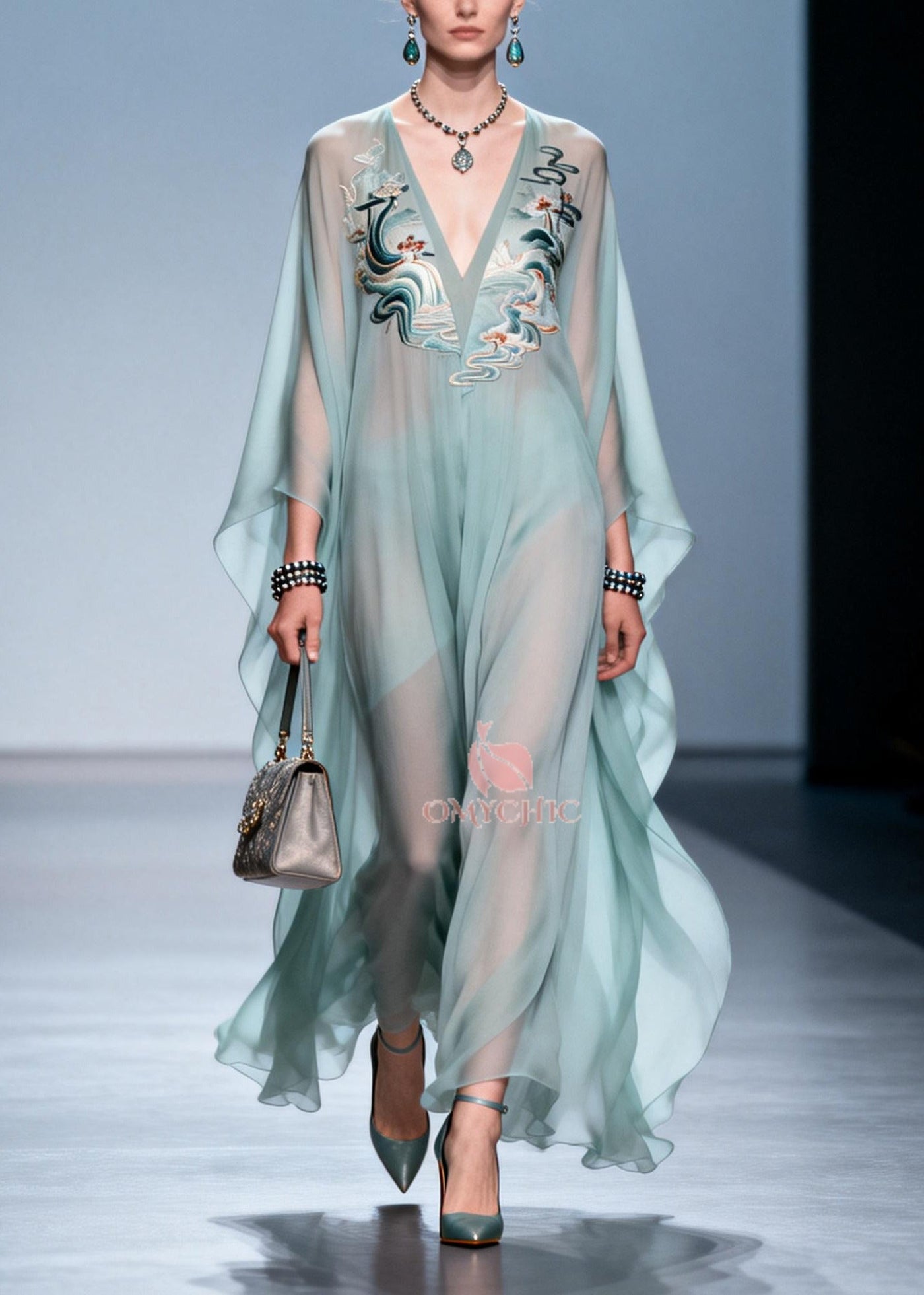 Plus Size Sky Blue Print Draping Chiffon Maxi Dress Batwing Sleeve 5