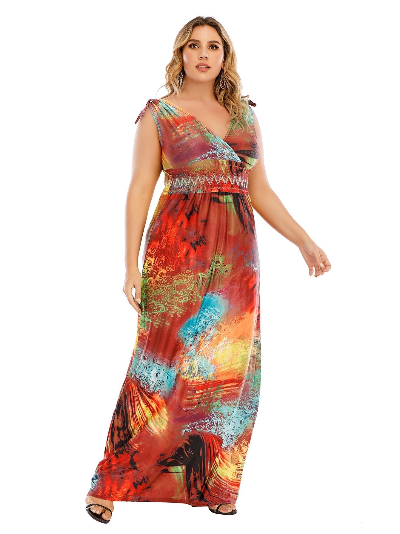 Plus Size Tie Shoulder Smocked Waist Maxi Dress
