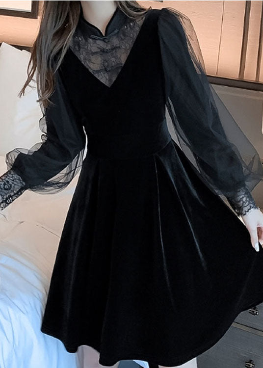 Velvet Lace Mandarin Collar Deep V-Neck Mesh Puff Sleeve A-Line Mini Dress
