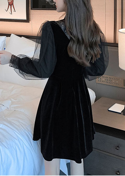 Velvet Lace Mandarin Collar Deep V-Neck Mesh Puff Sleeve A-Line Mini Dress