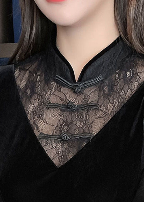 Velvet Lace Mandarin Collar Deep V-Neck Mesh Puff Sleeve A-Line Mini Dress