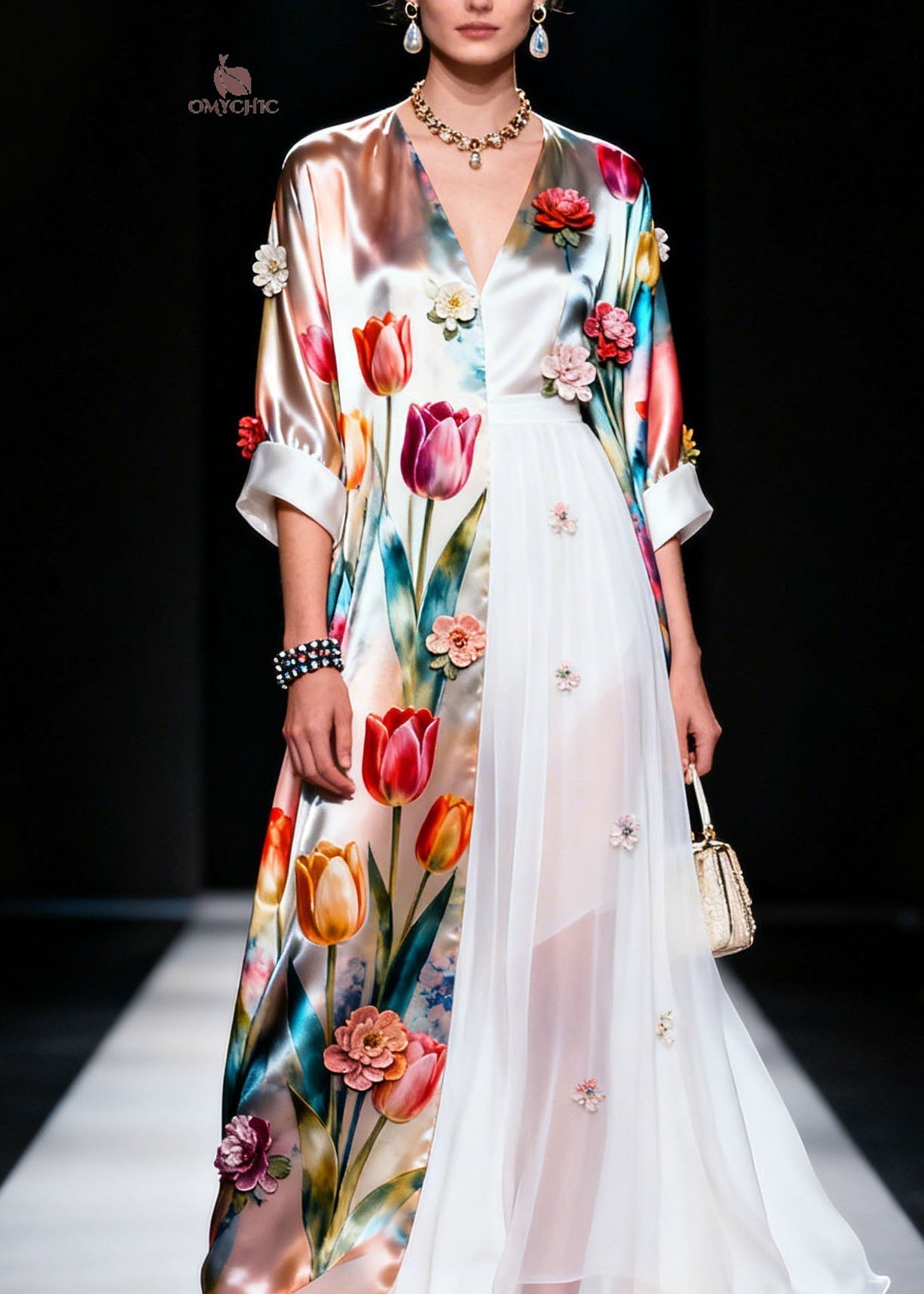 Tulip Floral Satin Chiffon Panel V-Neck Three-Quarter Sleeve Wide Cuff Appliqué Maxi Gown