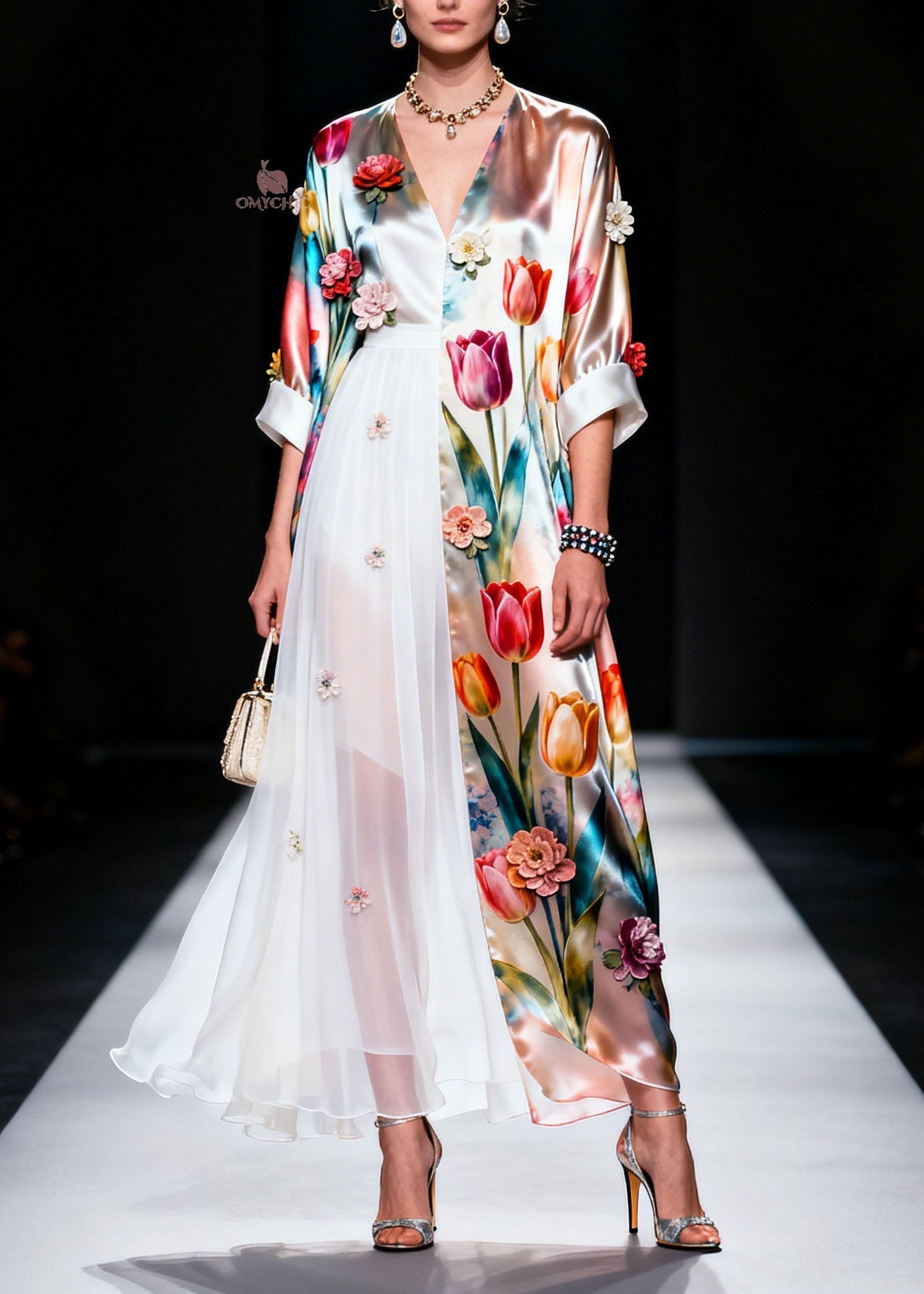 Tulip Floral Satin Chiffon Panel V-Neck Three-Quarter Sleeve Wide Cuff Appliqué Maxi Gown