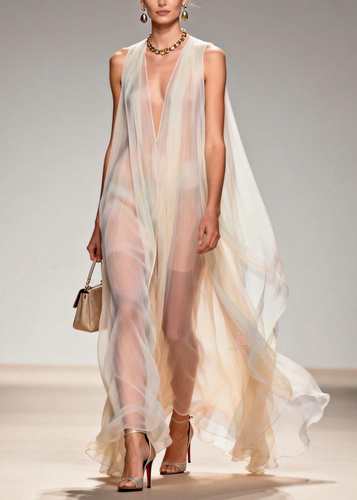 Deep V-Neck Sleeveless Sheer Chiffon Cape Overlay Flowy Maxi Gown