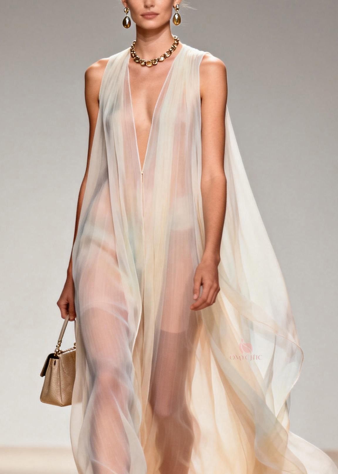 Deep V-Neck Sleeveless Sheer Chiffon Cape Overlay Flowy Maxi Gown