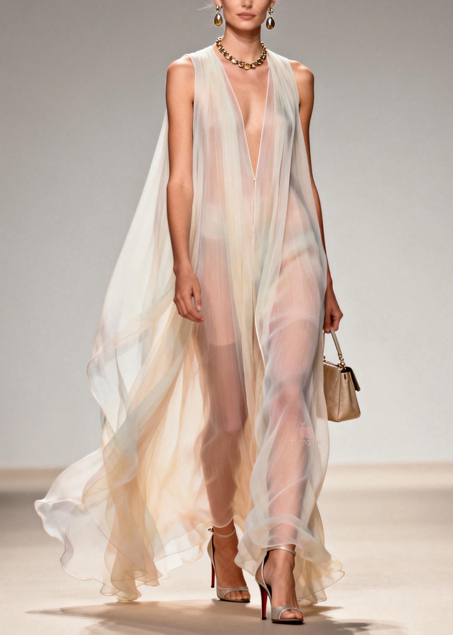 Deep V-Neck Sleeveless Sheer Chiffon Cape Overlay Flowy Maxi Gown