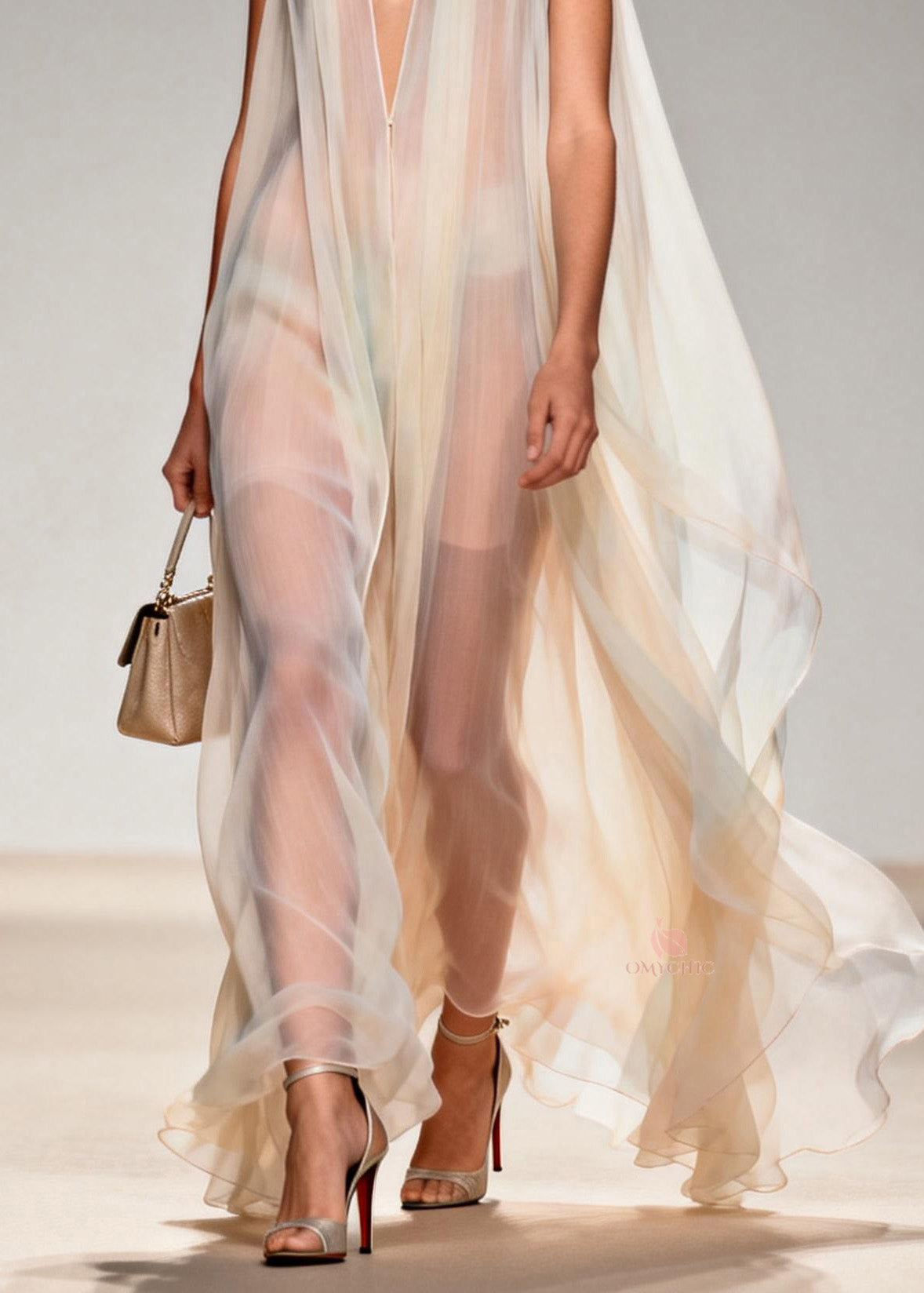 Deep V-Neck Sleeveless Sheer Chiffon Cape Overlay Flowy Maxi Gown