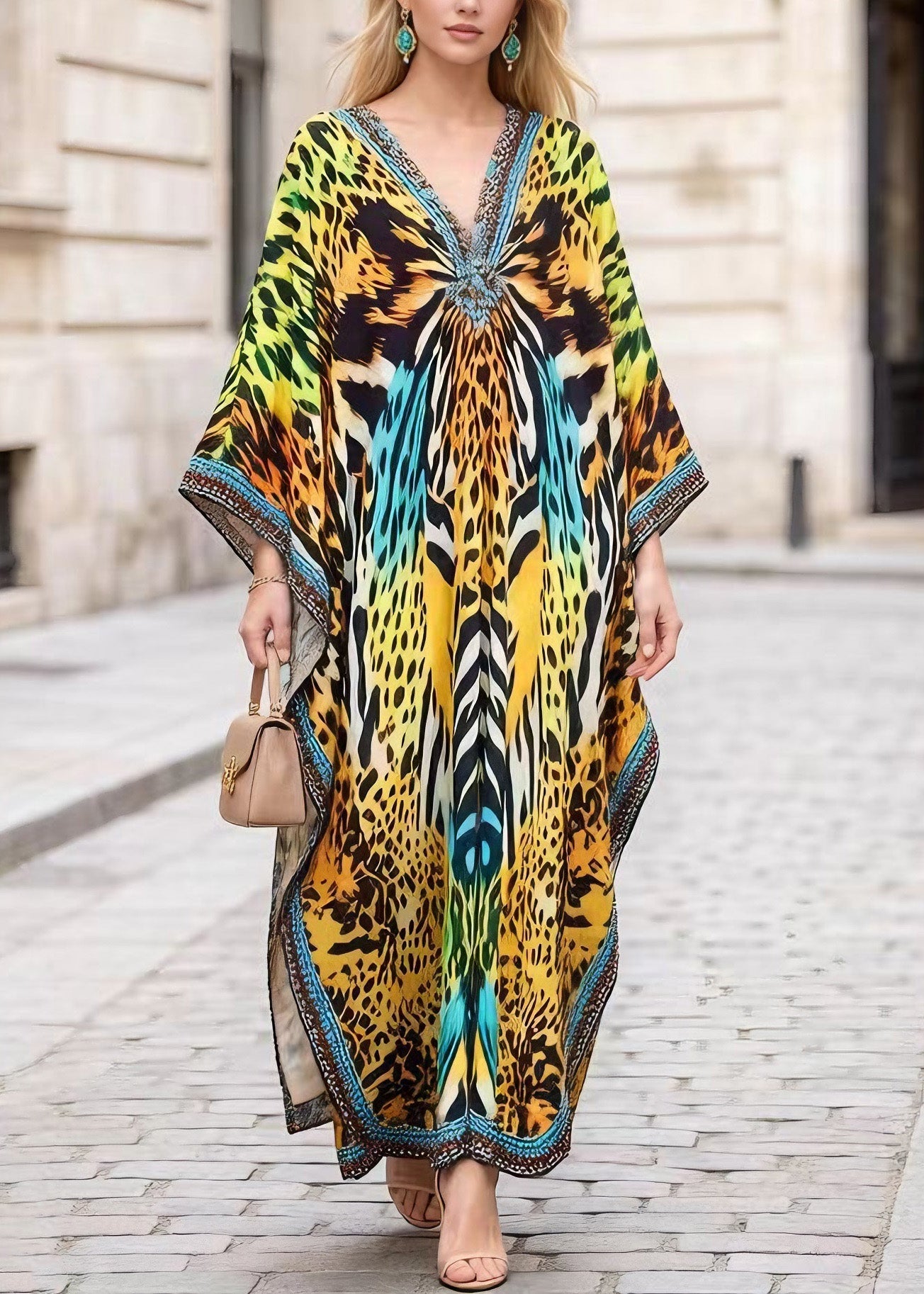 Leopard Print Deep V-Neck Kimono Sleeve Kaftan Maxi Gown