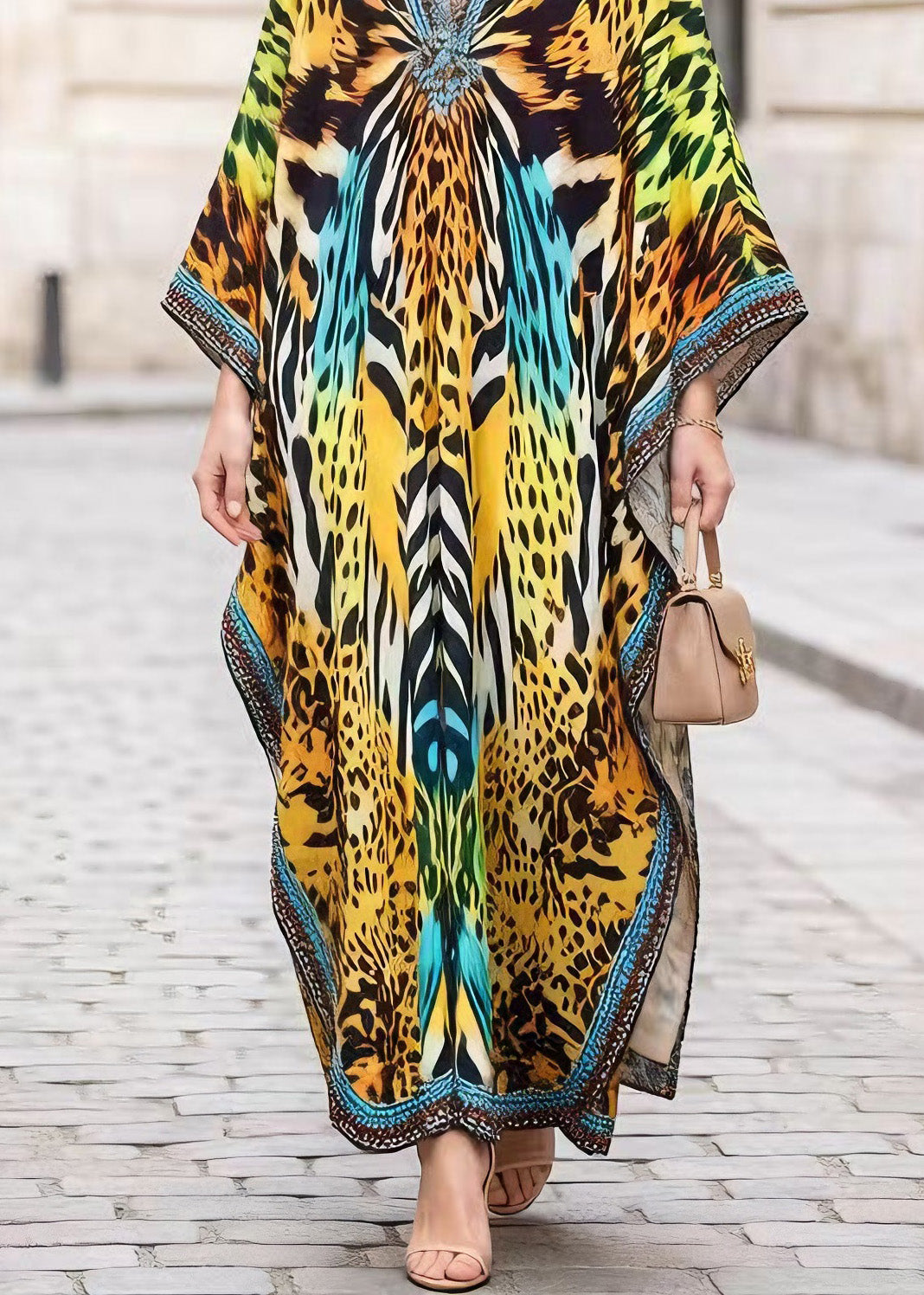 Leopard Print Deep V-Neck Kimono Sleeve Kaftan Maxi Gown