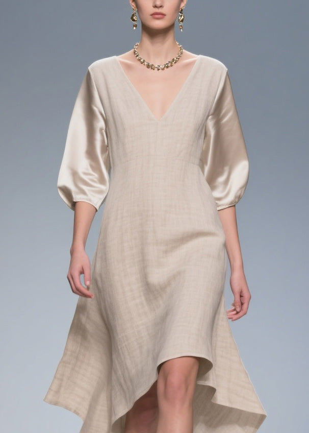 Deep V-Neck Puff Sleeve Satin Contrast Fitted Seam Handkerchief Hem Midi Dress