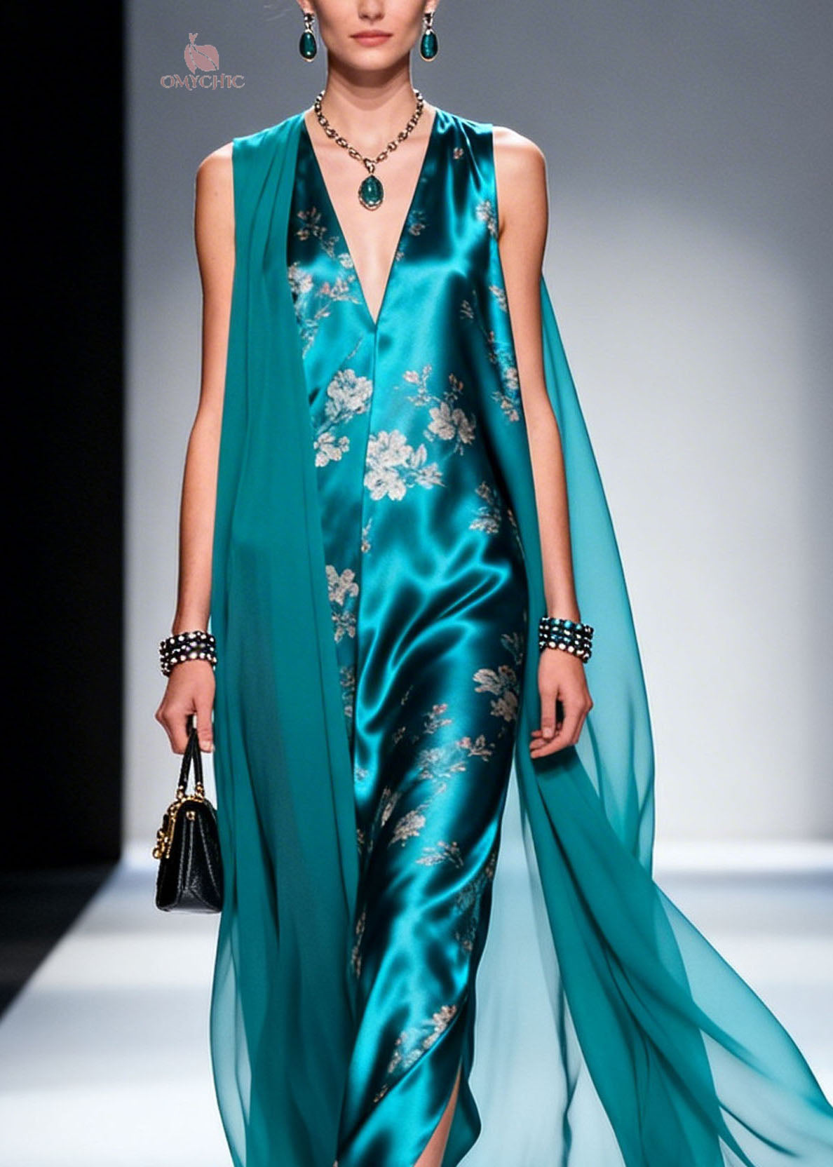 Floral Print Satin Deep V-Neck Sleeveless Front Slit Sheer Floor Length Cape Maxi Gown