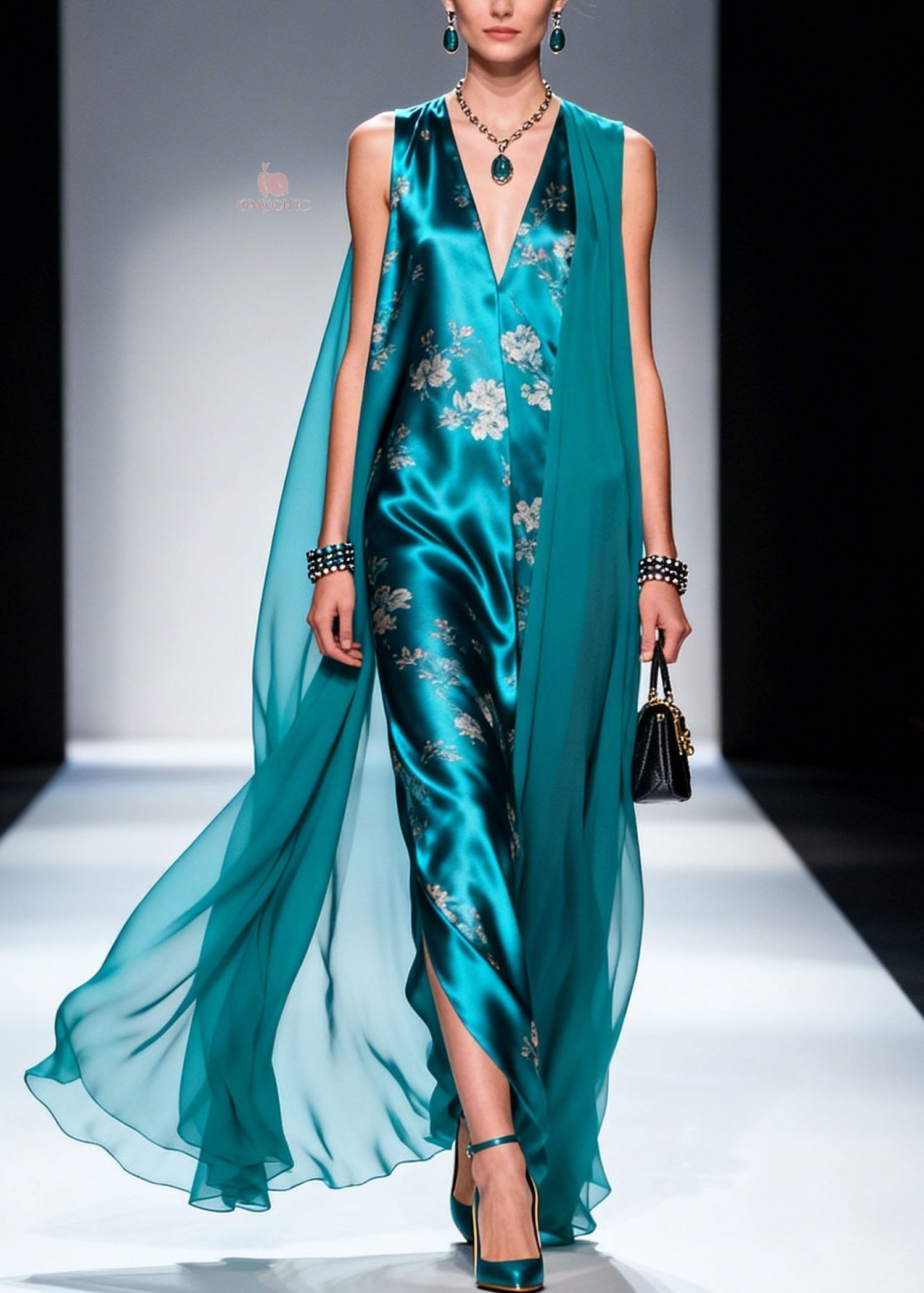 Floral Print Satin Deep V-Neck Sleeveless Front Slit Sheer Floor Length Cape Maxi Gown