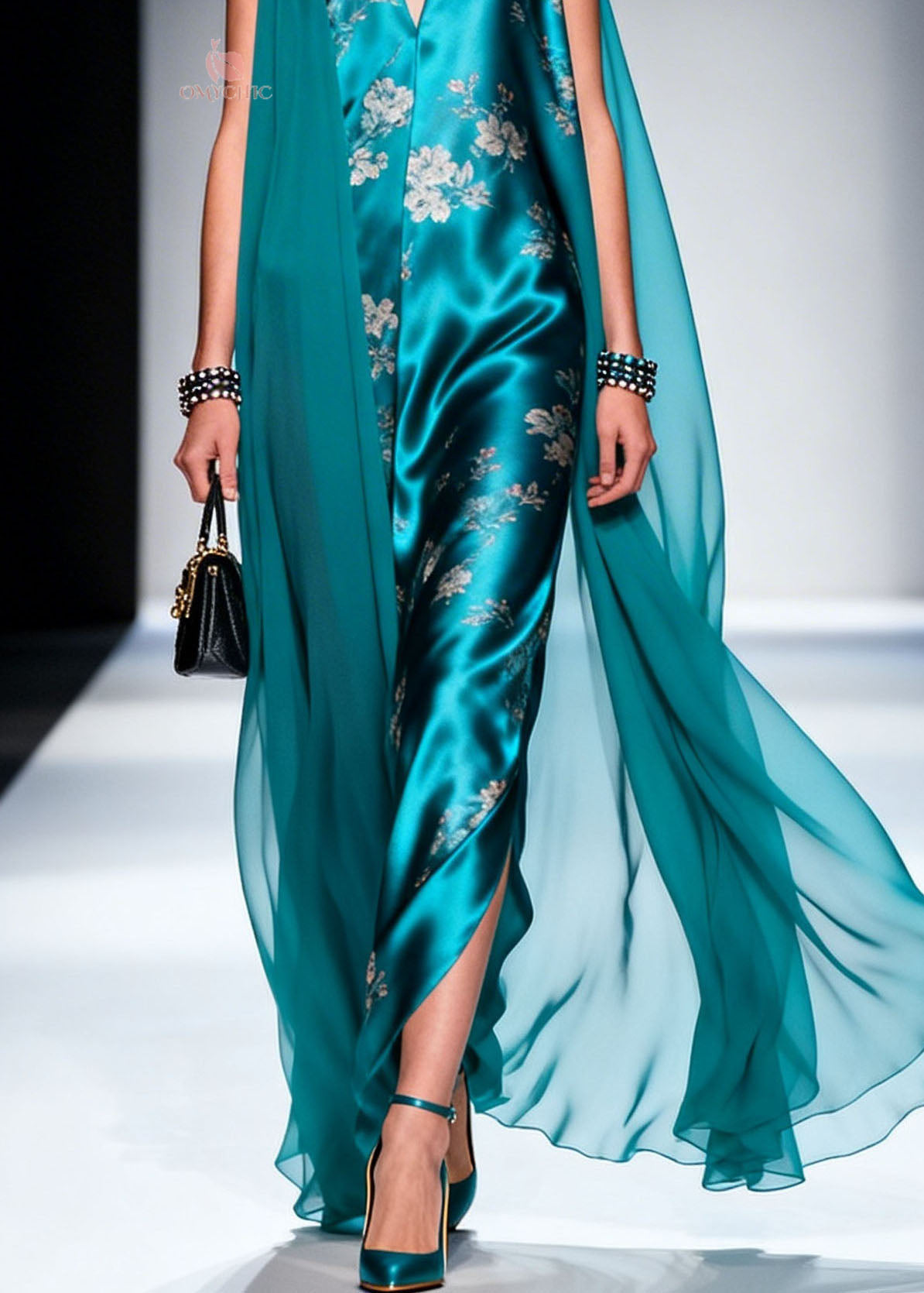 Floral Print Satin Deep V-Neck Sleeveless Front Slit Sheer Floor Length Cape Maxi Gown