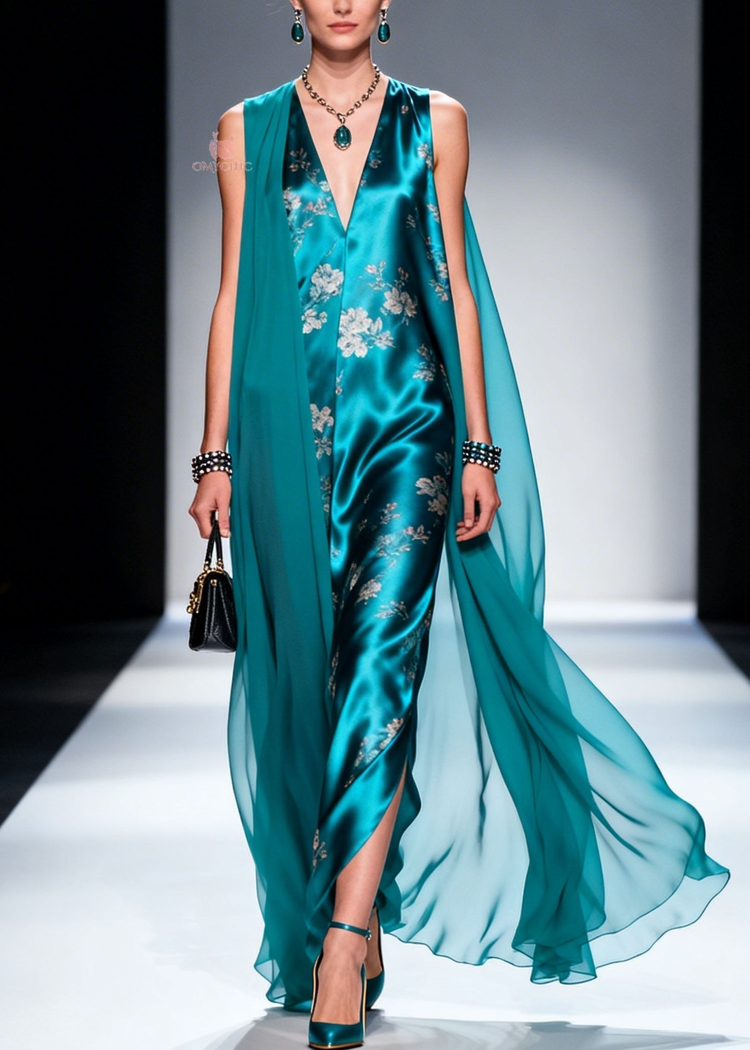 Floral Print Satin Deep V-Neck Sleeveless Front Slit Sheer Floor Length Cape Maxi Gown