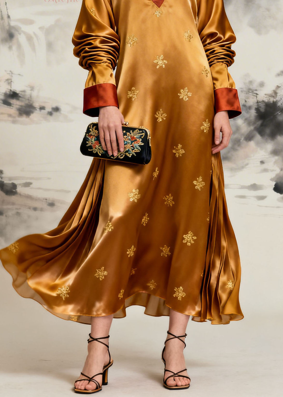 Satin Embroidered Deep V-Neck Contrast Cuff Long Sleeve Maxi Gown