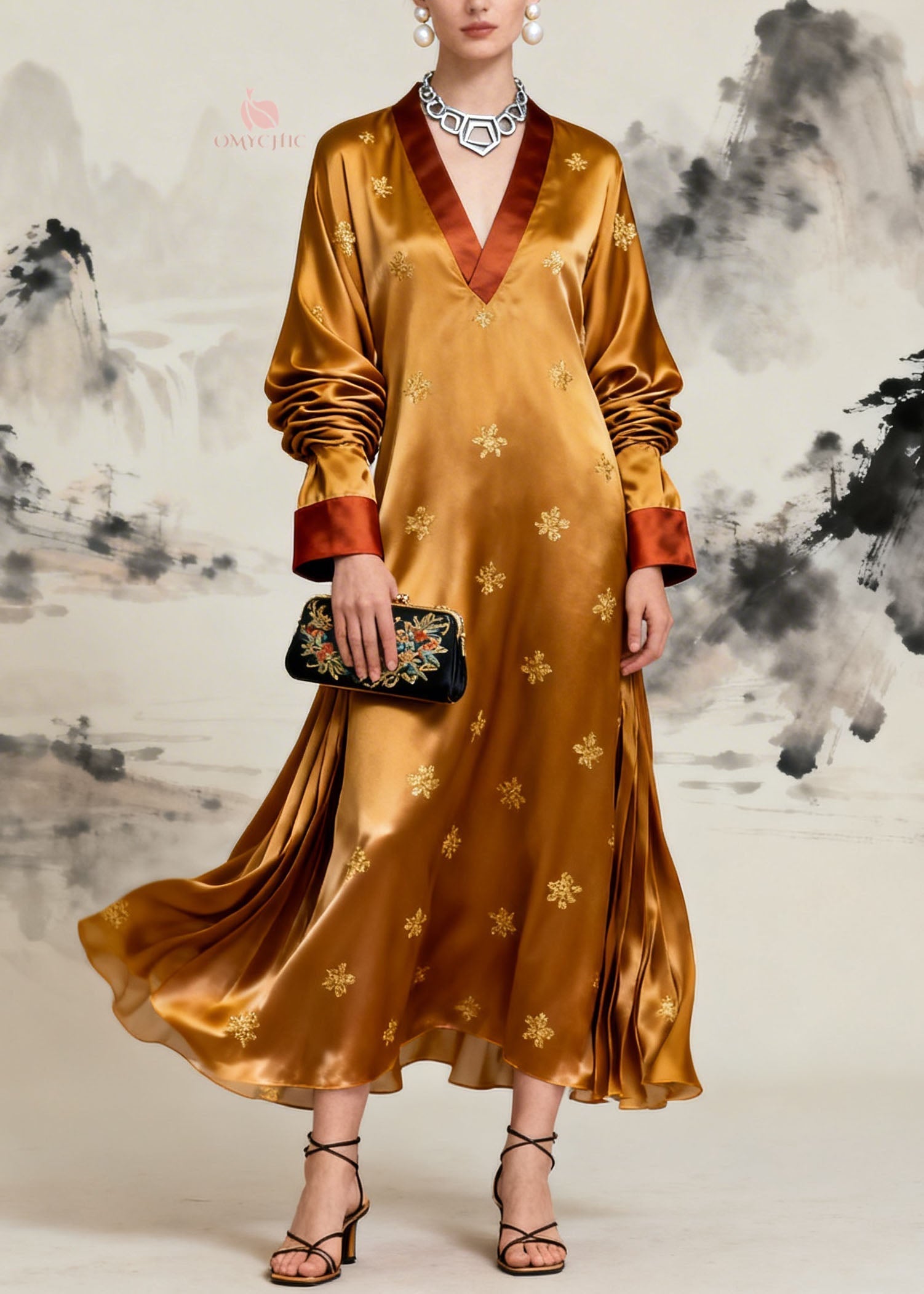 Satin Embroidered Deep V-Neck Contrast Cuff Long Sleeve Maxi Gown