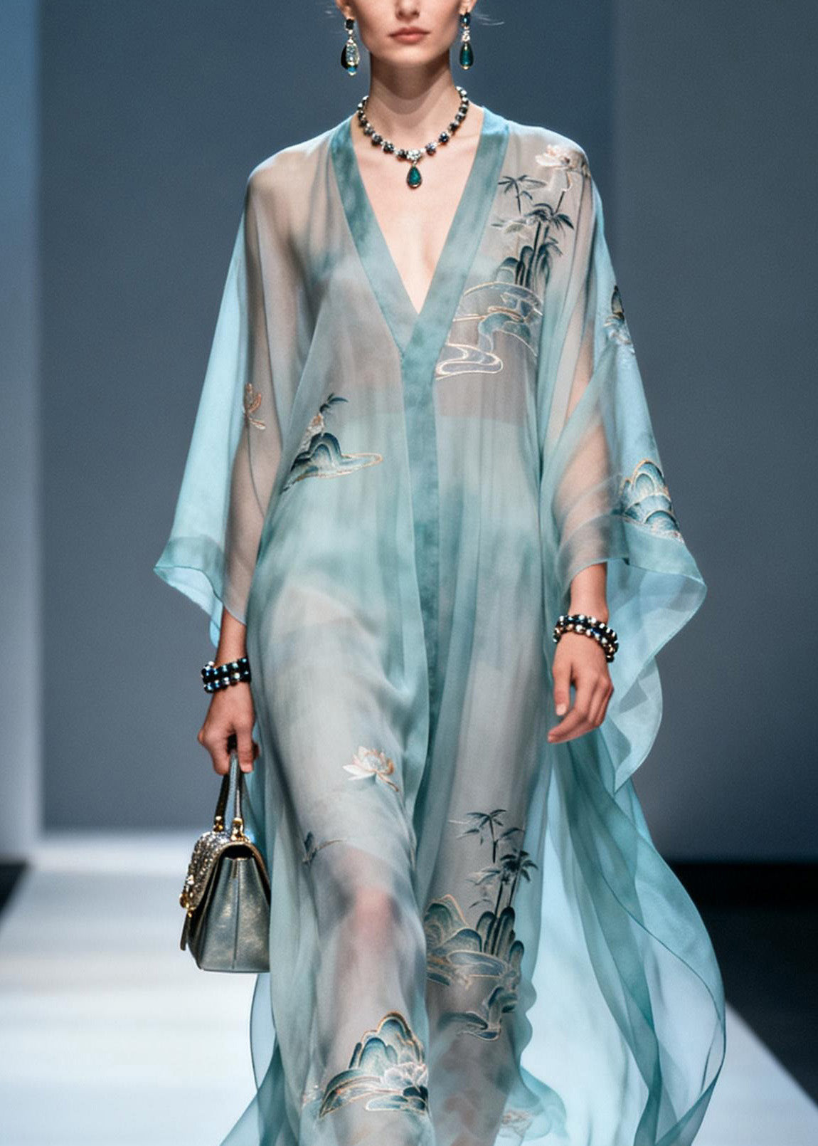 Landscape Print Deep V-Neck Kimono Sleeve Sheer Kaftan Maxi Gown