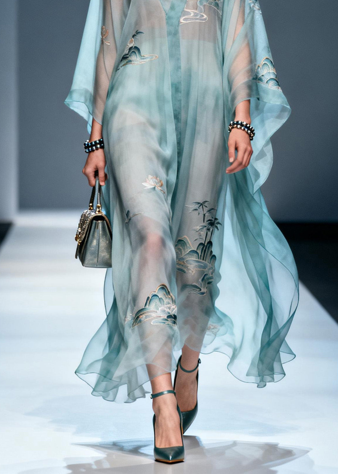 Landscape Print Deep V-Neck Kimono Sleeve Sheer Kaftan Maxi Gown